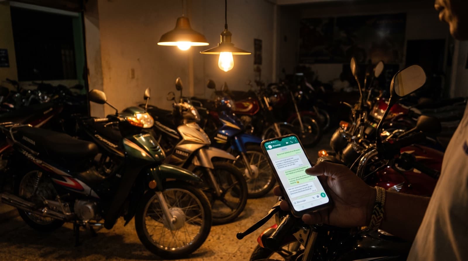 Showroom de motocicletas de noche, una mano sosteniendo un teléfono con una conversación de WhatsApp abierta