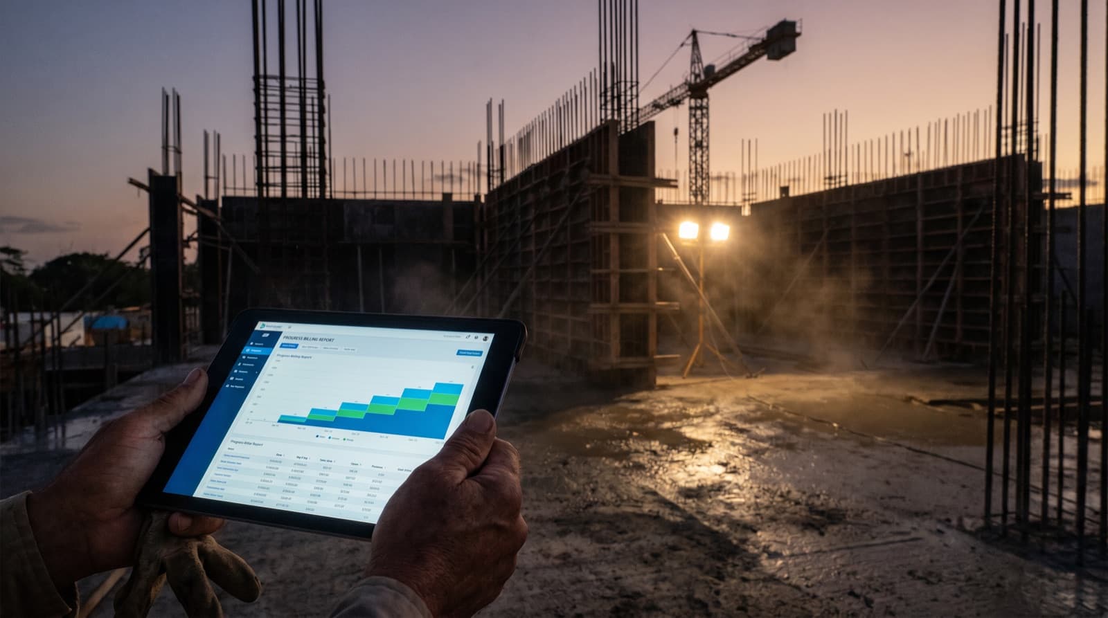 Obra de construcción al atardecer, manos sosteniendo una tablet con un dashboard de cubicaciones